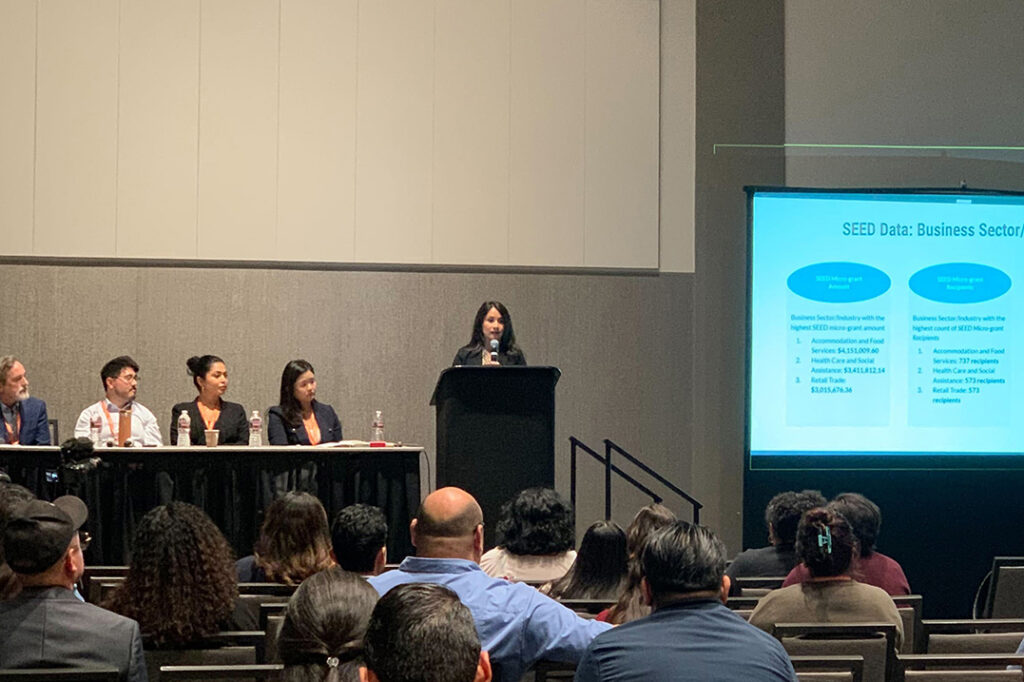 Executive Director, Iliana P., presents at the “SEEDing Economic Justice: SEED Funding Overview and Critical Partnerships for Immigrant Entrepreneurial Pathways” session