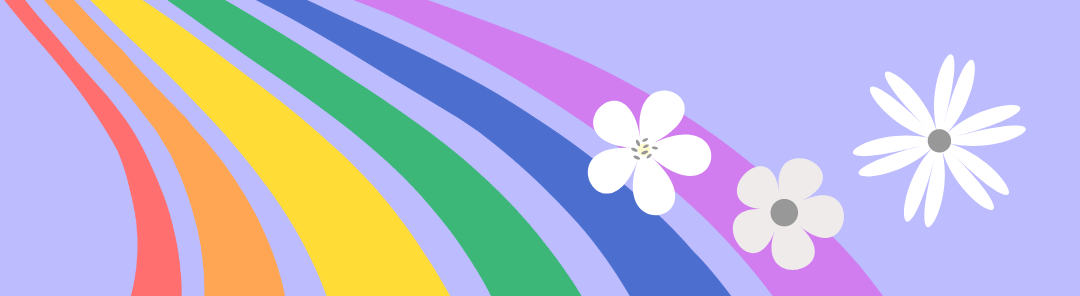 Illustration of a rainbow and variety of flowers.