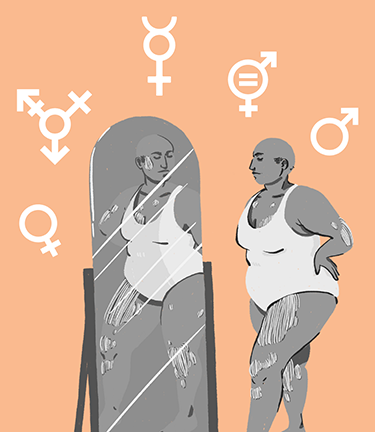 Illustration of a person standing in front of a mirror. In the background, different gender symbols float around the person.