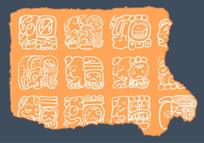 Illustration of chipped tablet with Mayan hieroglyphics.