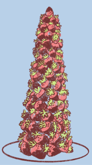 Illustration of a tower of chocolate dipped strawberries.