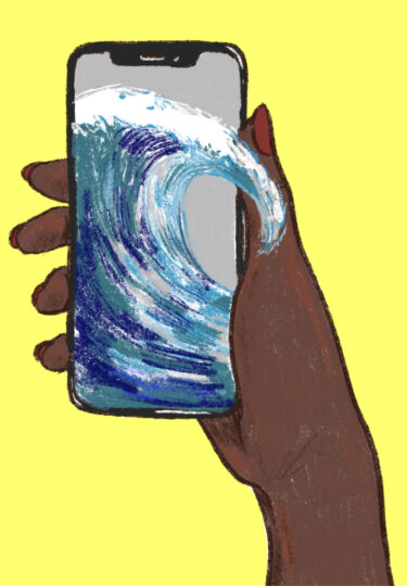 Illustration of a hand holding a cellphone with an ocean tide coming out of the screen.
