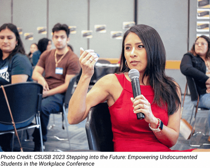 Photos of Dr. Perez speaking at the CSUSB 2023 Stepping into the Future: Empowering Undocumented Students in the Workplace Conference and Immigrants Rising 2019 California Campus Catalyst Fund Convening.
