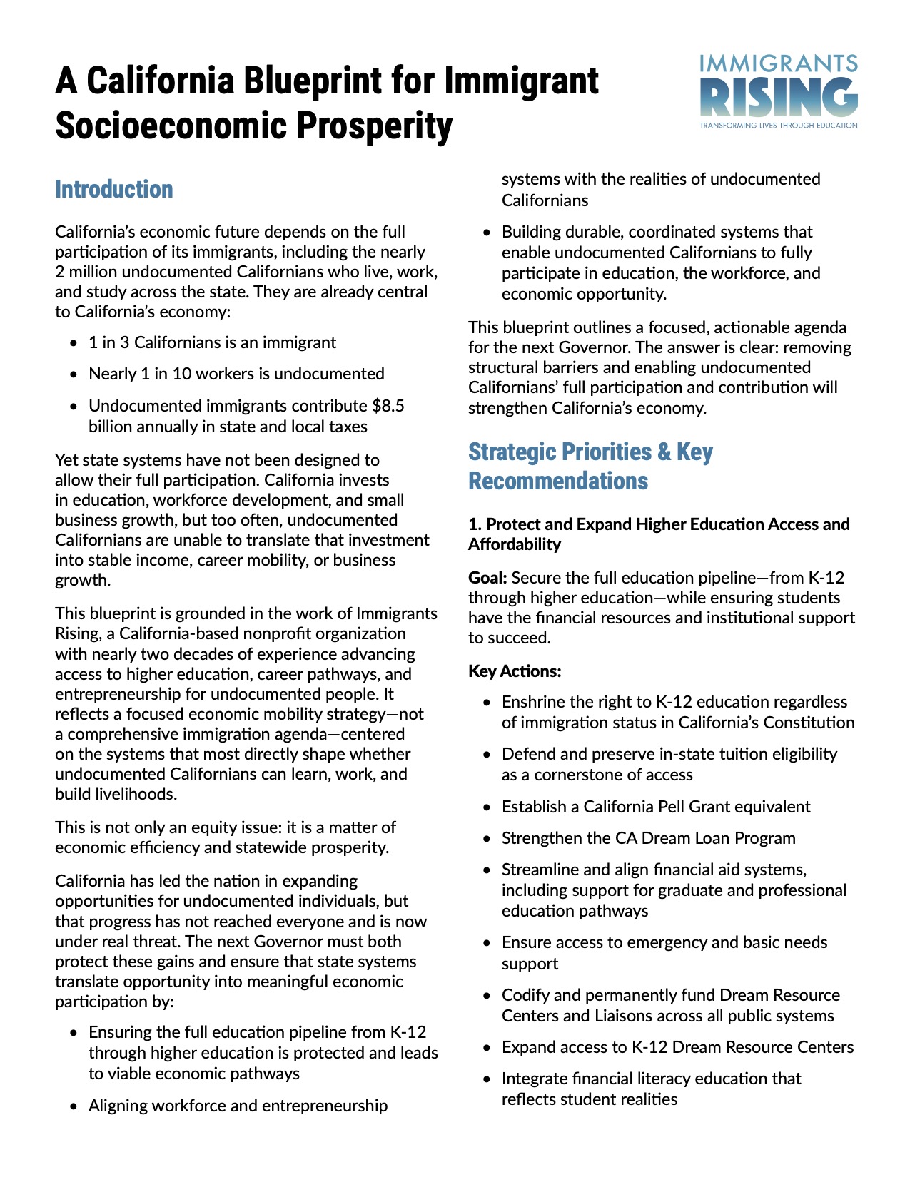 Preview image of the California Blueprint for Immigrant Socioeconomic Prosperity executive summary.