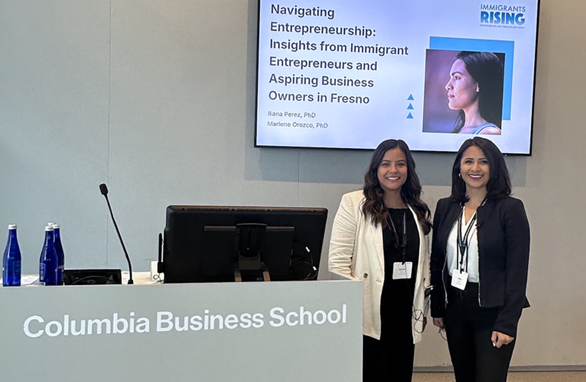 Dr. Iliana Perez and Dr. Marlene Orozco presents for the "Navigating Entrepreneurship in Fresno" research report at Columbia Business School.